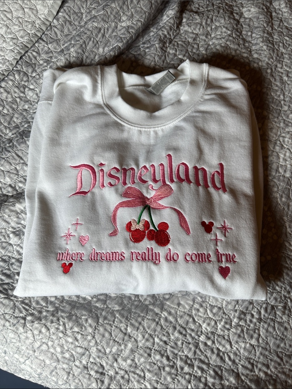 Disney White Sweatshirt with Pink & Red Embroidery Disneyland Cherries